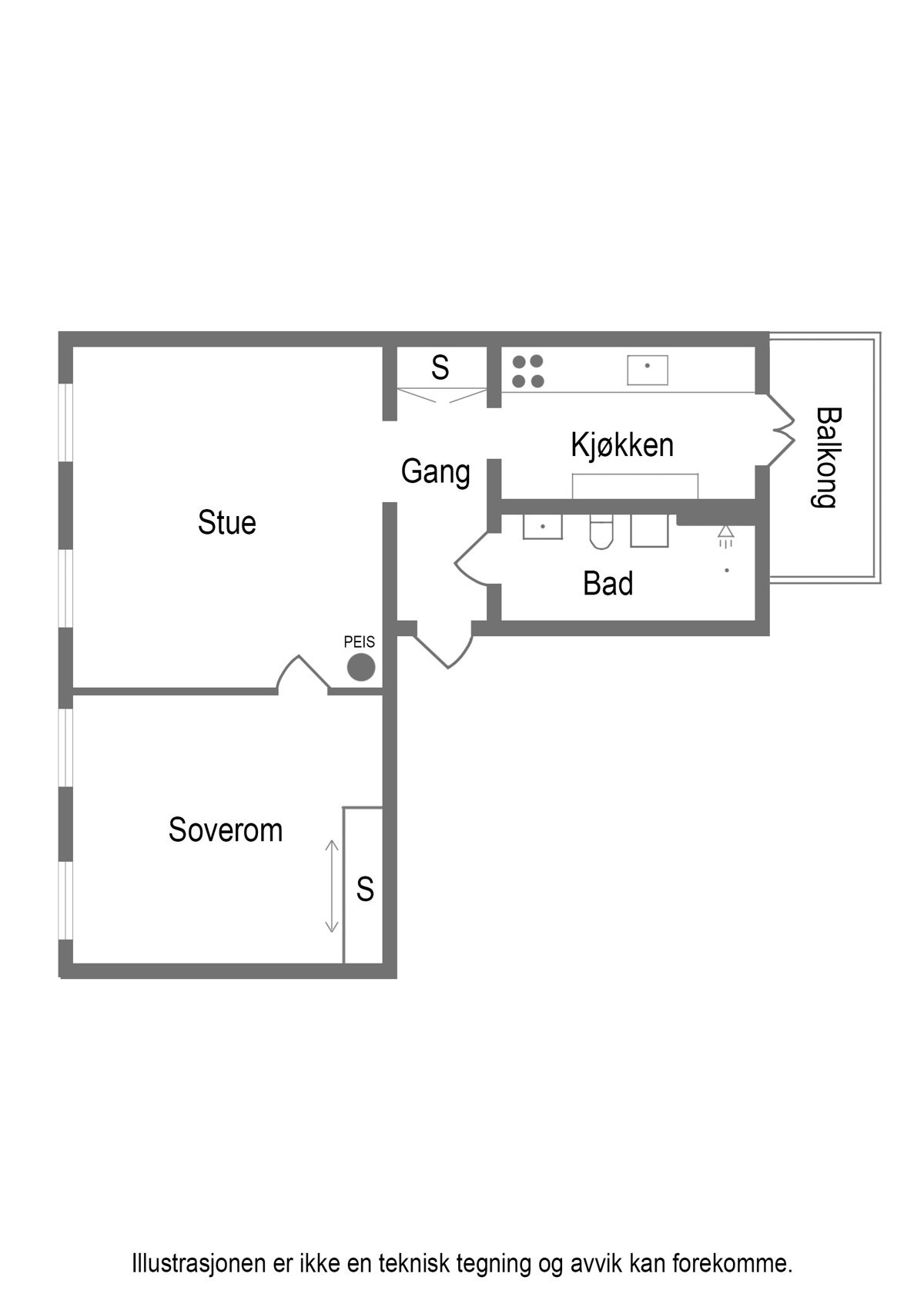 Planløsning - leiligheten er gjennomgående med separat kjøkken. Galleribilde