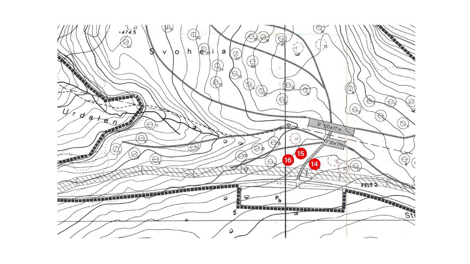 Plankart. Aktuelle tomter markert med rødt. Galleribilde