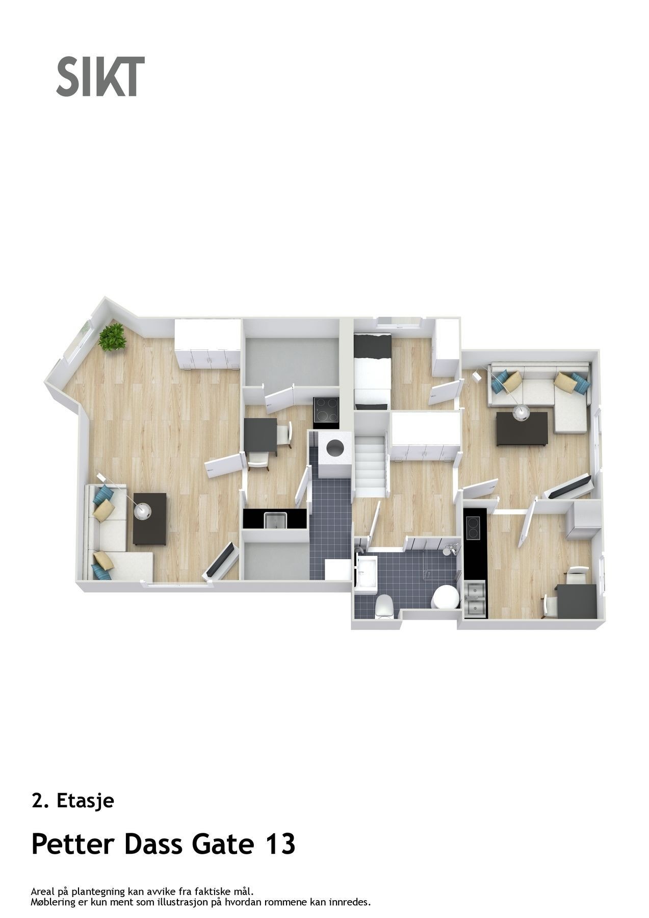 Plantegning Petter Dass Gate 13 | 2. etasje med møbleringsforslag. Galleribilde