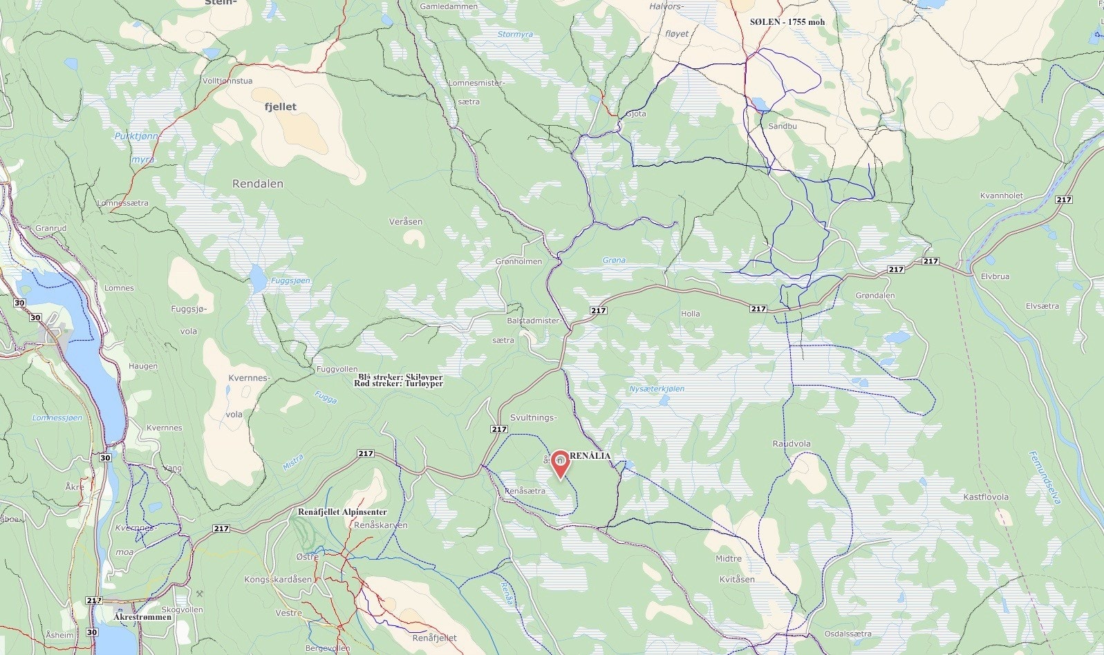 Renålia, Sølen, Renåfjellet Alpinsenter, Mistra og Åkrestrømmen (handelssenter) helt nord ved Storsjøen. Galleribilde