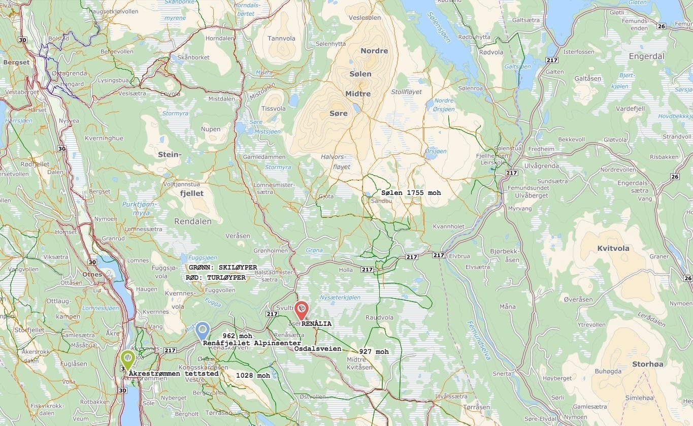 Her ser du alle tur-og skiløypene som finnes i våre omgivelser, og flere skal det bli etterhvert som Renålia vokser seg til! Vi tenker på løyper hele tiden, og er lydhøre for forslag! Galleribilde
