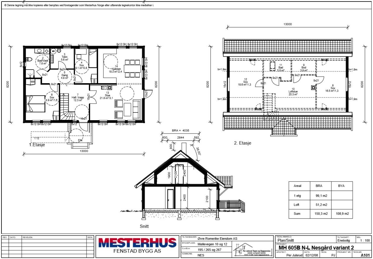 Plan og snitt Prosjekthus variant 2. Galleribilde