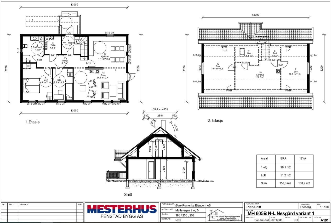 Plan og snitt Prosjekthus variant 1. Galleribilde