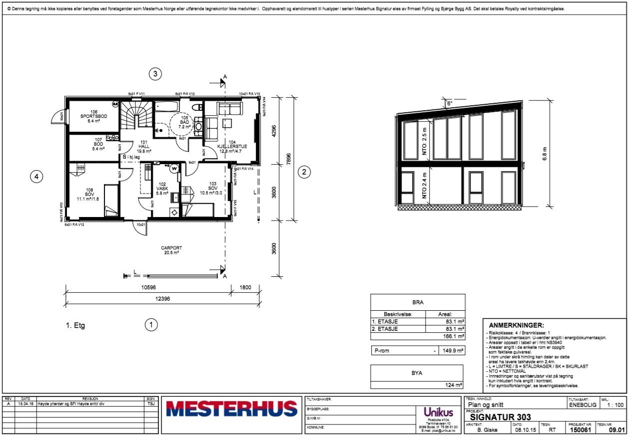 Plan og snitt Signatur 303. Galleribilde