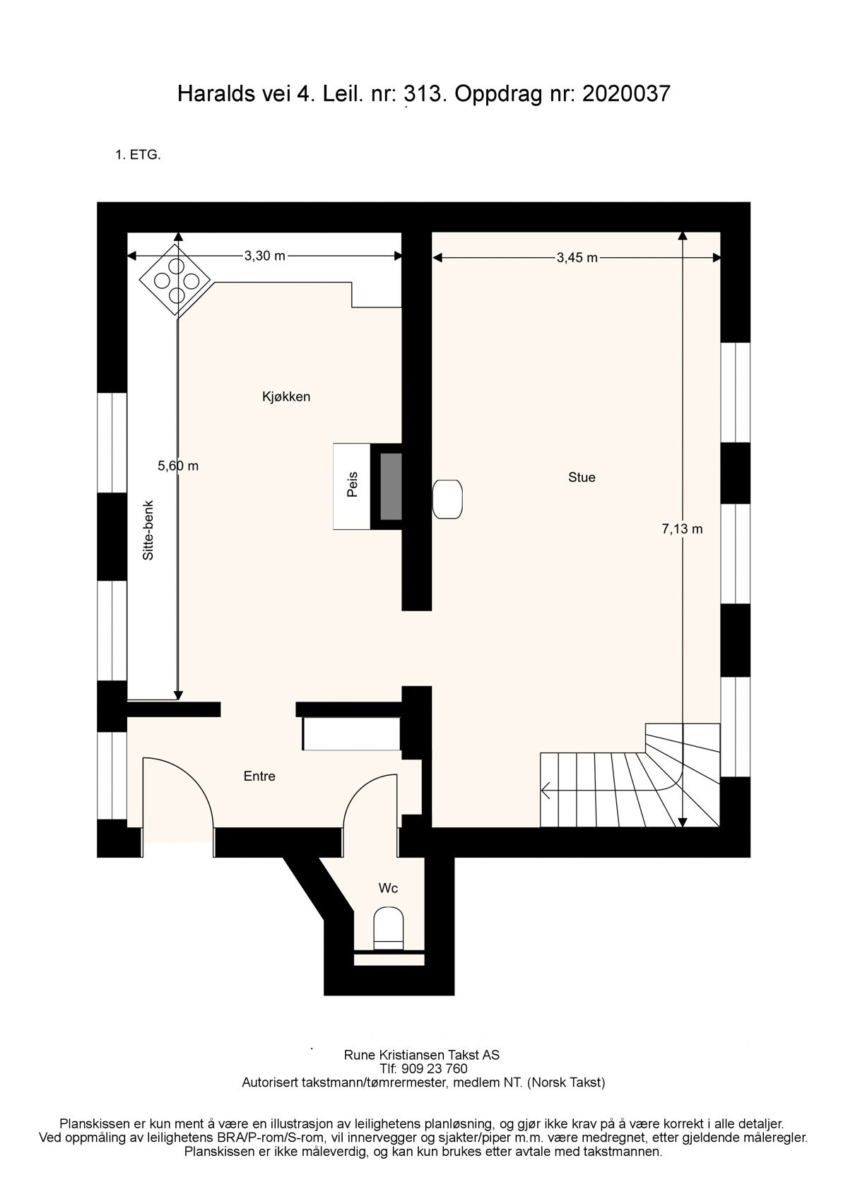 Plantegning fra takstmann - 2. etasje inneholder entré, toalett, stue og kjøkken. Galleribilde