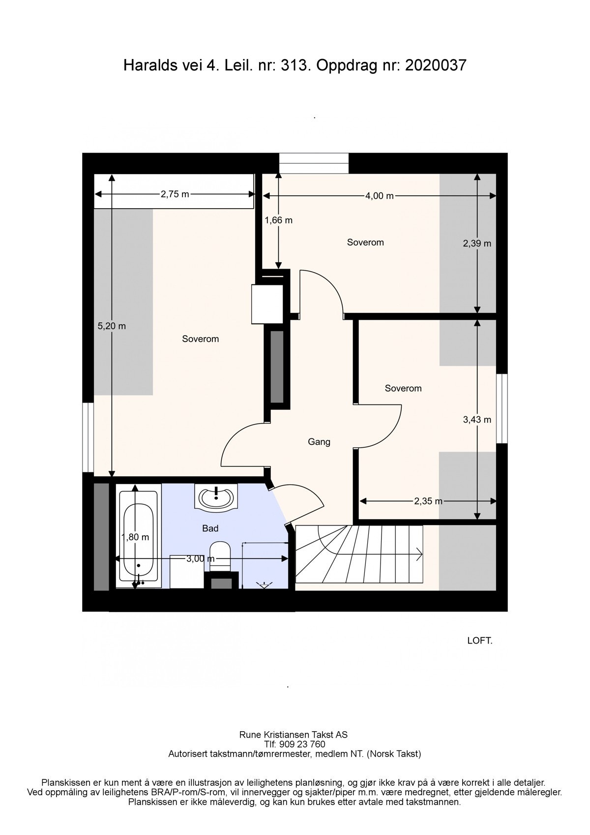 Plantegning fra takstmann - Loftsetasjen inneholder tre soverom og bad. Galleribilde