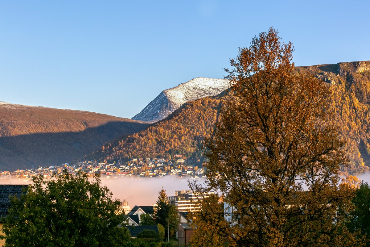 Flott utsikt mot Tromsdalstinden, fjellheisen og fastland generelt