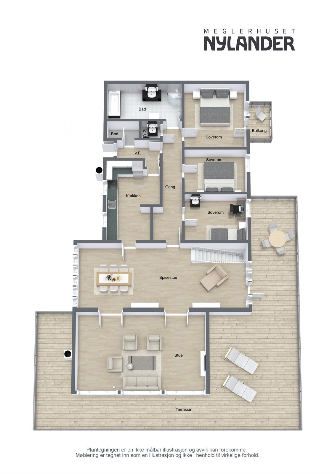 Eneboligen har en godt utnyttet planløsning med hall/stue/spisestue, kjøkken med egen inngang, flislagt bad, 3 soverom, ekstra toalett og en bod i hoved etg. Galleribilde