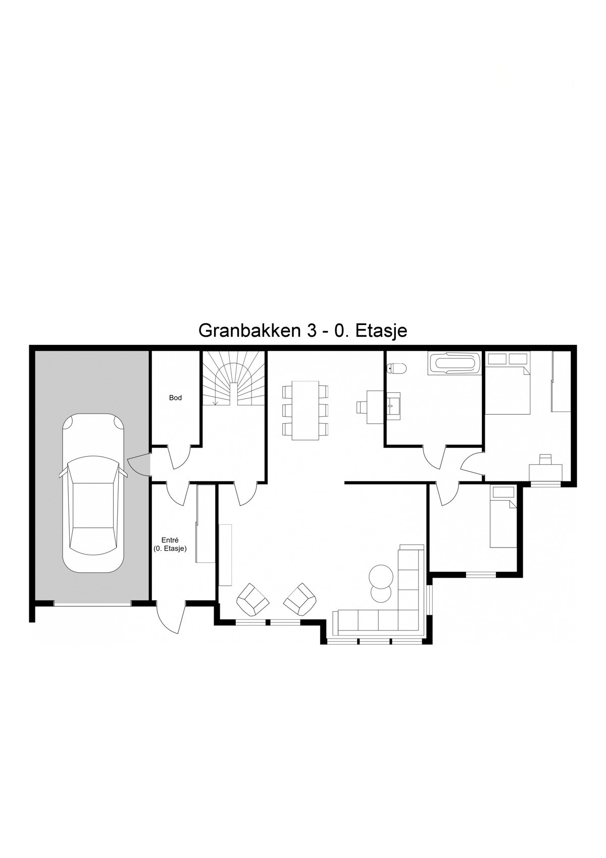 Planskisse 1. etasje - Det kan enkelt etableres 3-roms leilighet i underetasjen