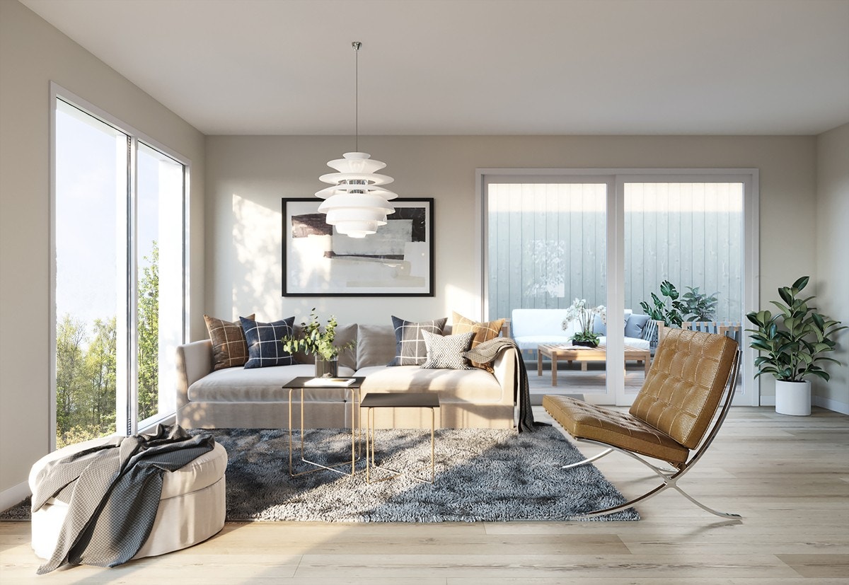 Luftig stue med store vinduer. Galleribilde