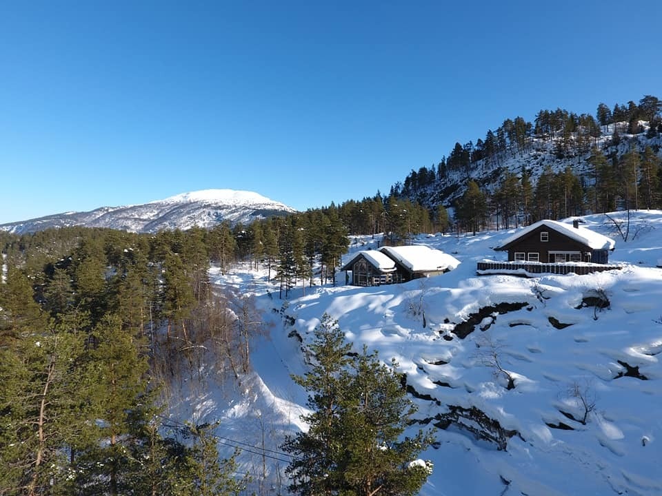 Hyttefeltet. Dei ledige tomtane ligg oppå haugen bak dei oppførte hyttene. I bakgrunnen ser du fjelltoppen Molden. Galleribilde