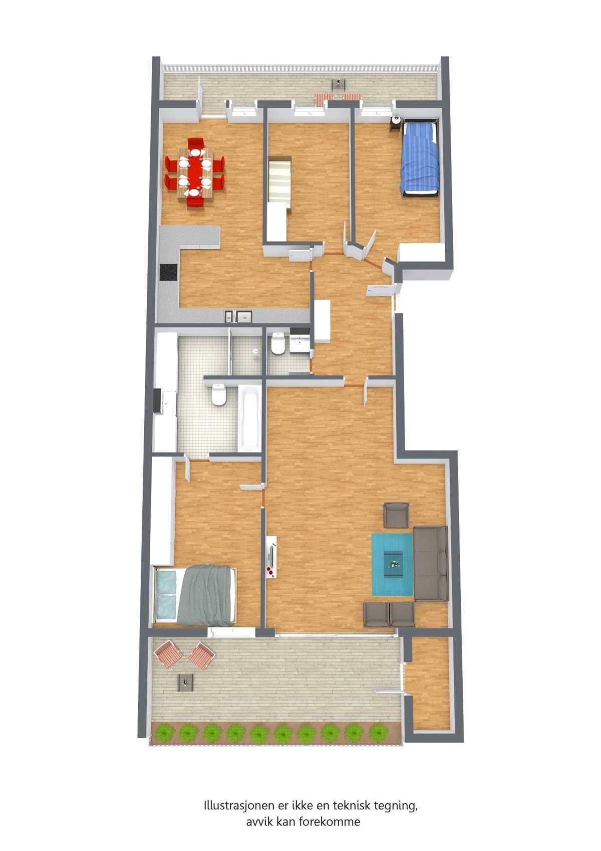 Leiligheten var opprinnelig med 2 soverom men ved å sette inn vindu og flytte vegger har man fått til 3 soverom. Galleribilde