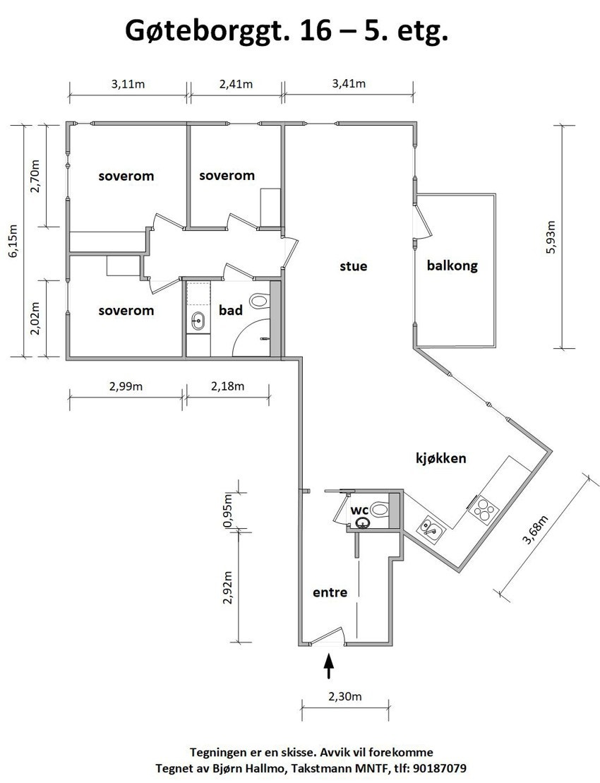 - Plantegning med mål for Gøteborggata 16 - Galleribilde