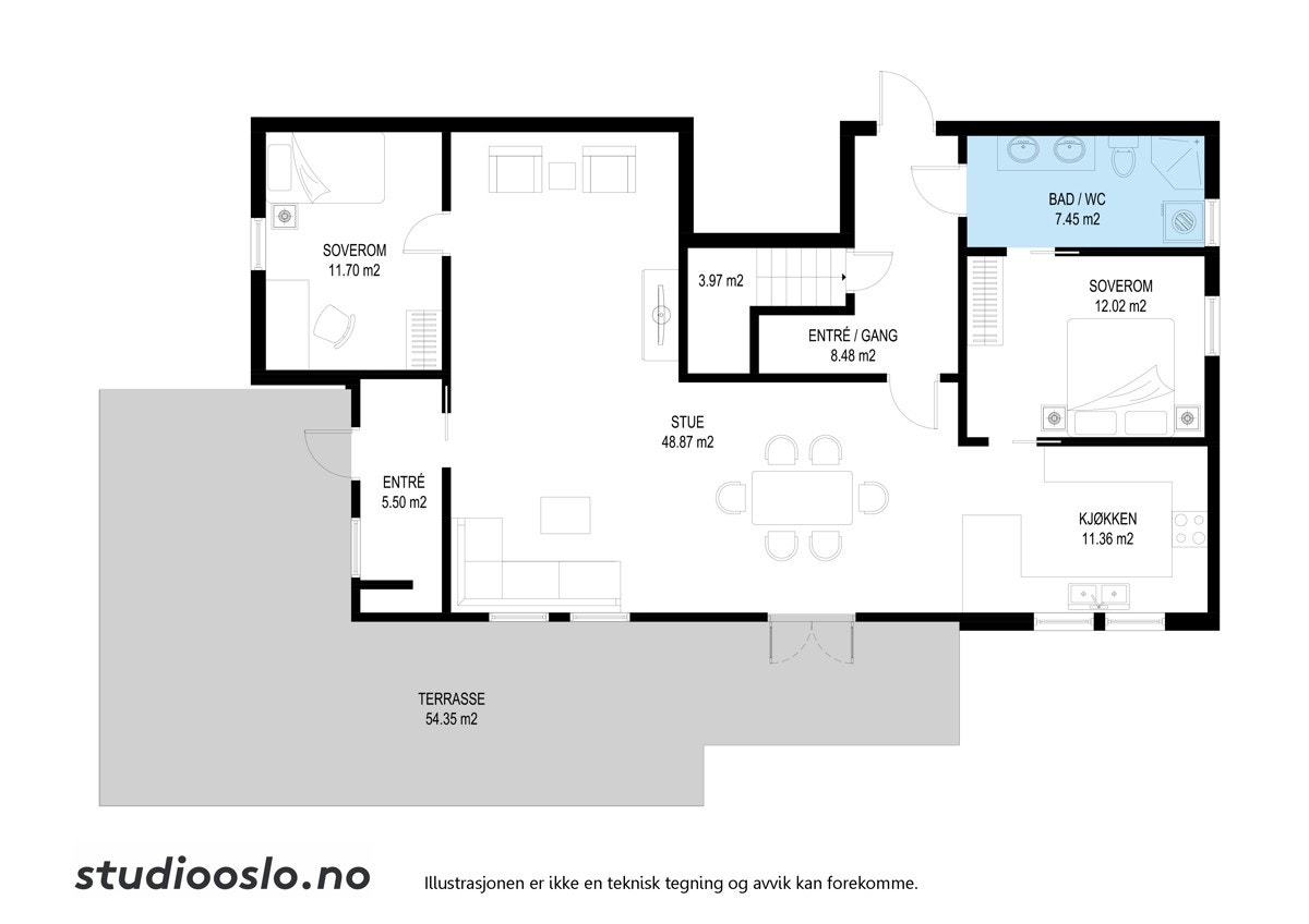 Plantegning 1. etg. med stue, kjøkken, 2 soverom, 2 inngangspartier/entré, bad/wc. Galleribilde