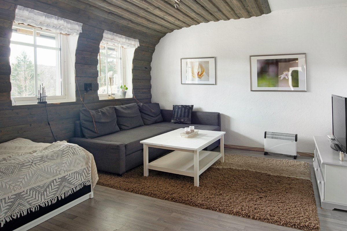 Stua i hybelen har god plass til romslig sofagruppe og tv. Galleribilde