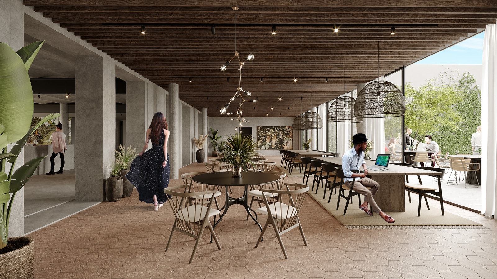 Illustrasjon av bedriftrestauranten - 1. etasje - til høyre ser en bakgården Galleribilde