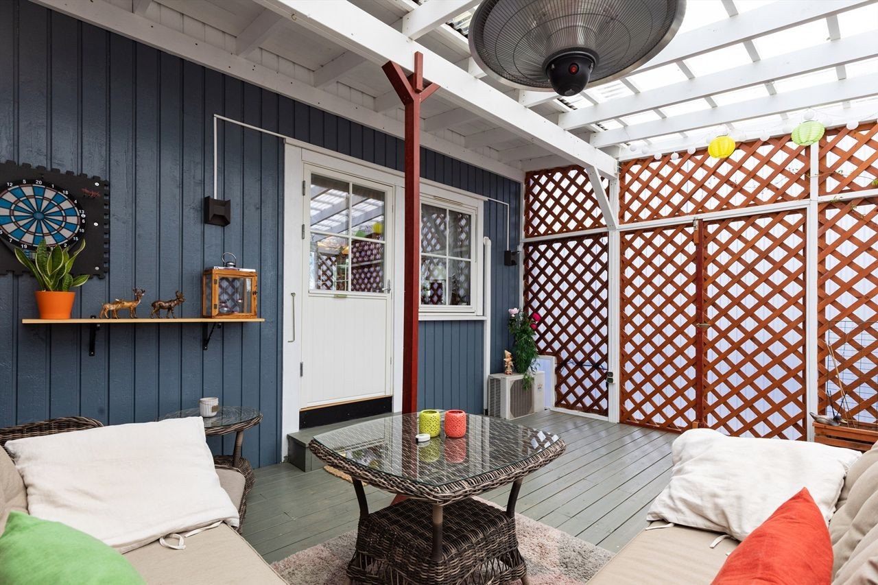 Terrasse - Med takoverbygg og litt varme kan man forlenge utesesongen Galleribilde