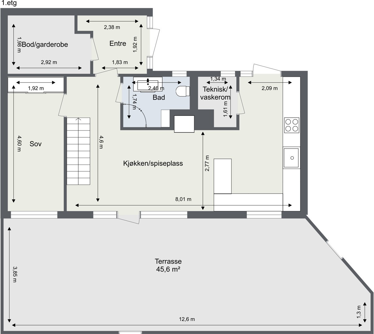Inngangsetasjen med en romslig hall, fantastisk garderobe, soverom, sosialt kjøkken og stort bad. Galleribilde