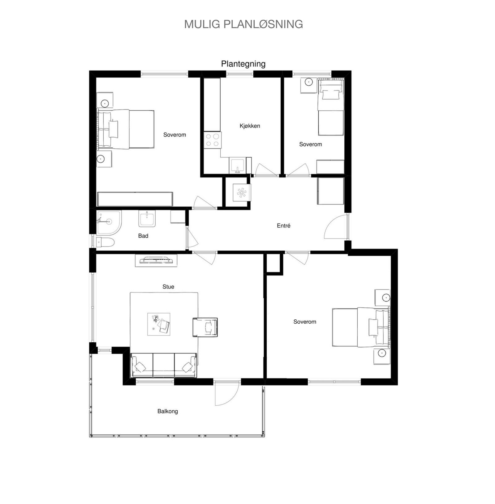 Planløsning med 3 soverom. Galleribilde