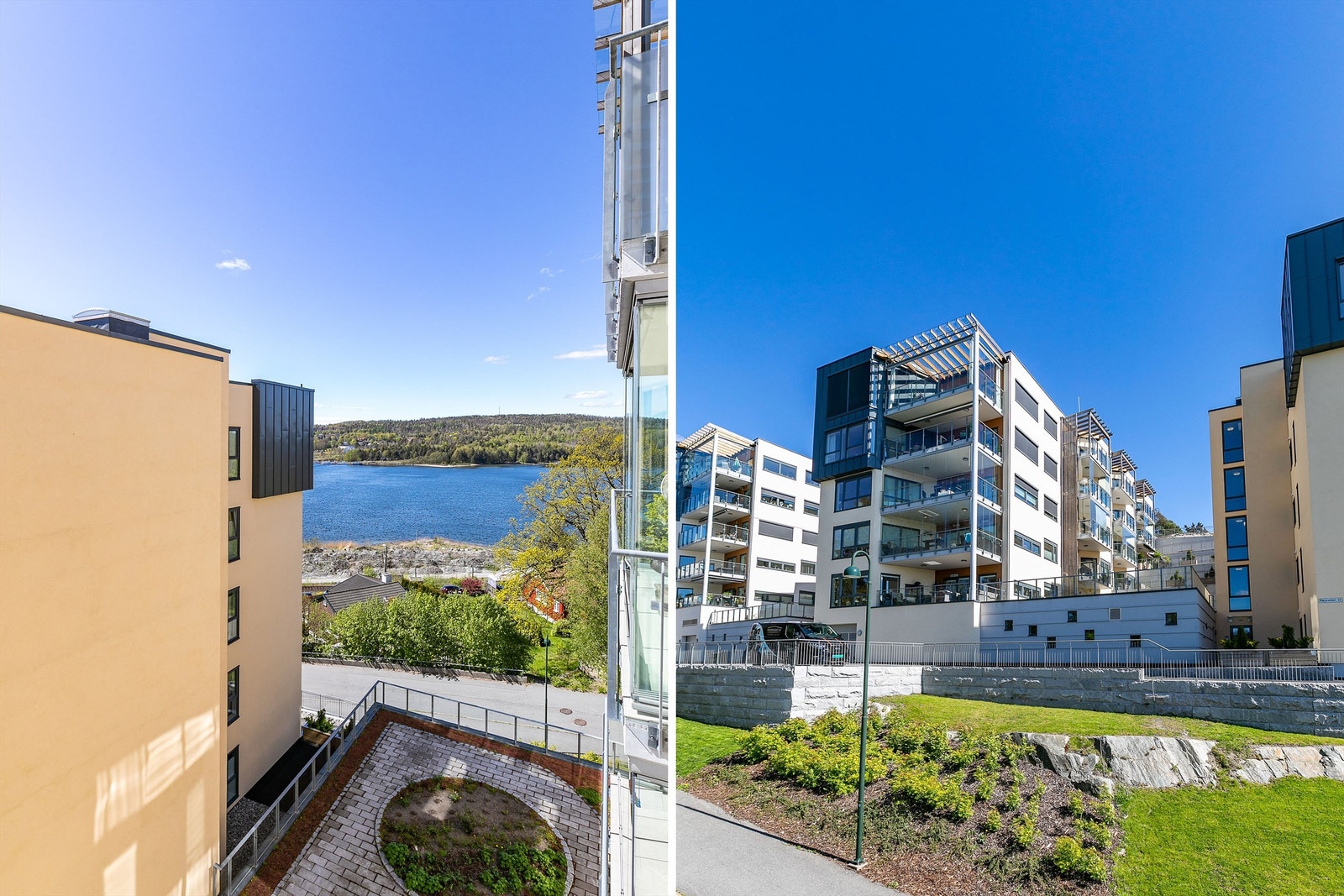 Splittbilde med utsikt fra balkong og av bygget. Galleribilde