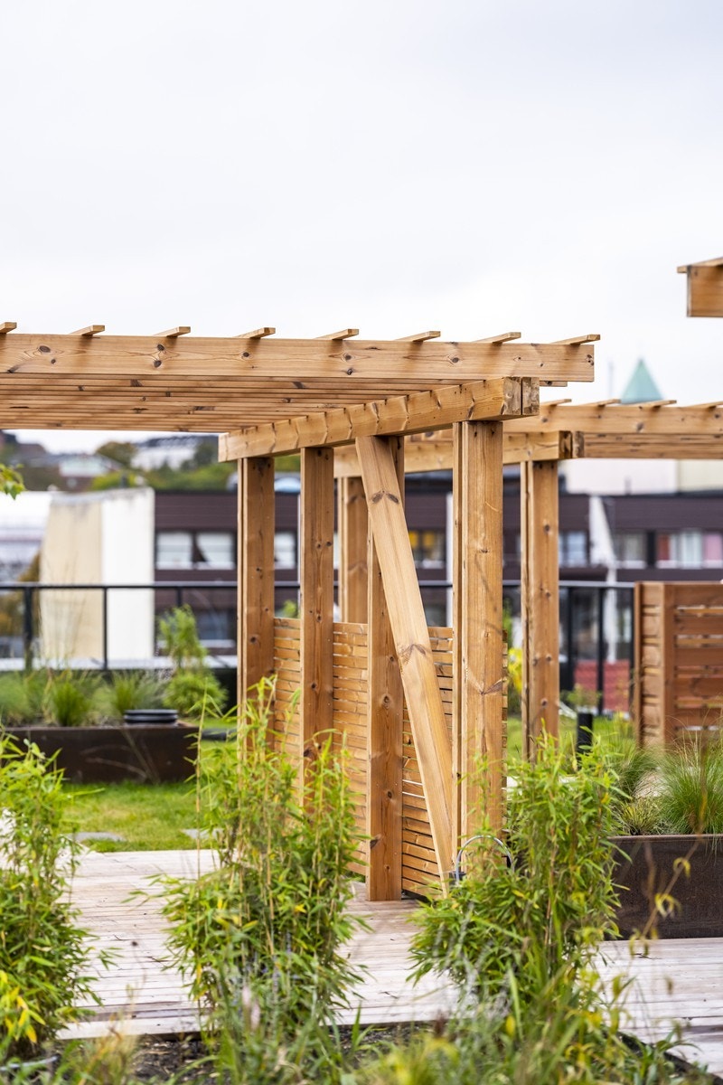 Takterrassen har flere ulike soner med sittegrupper, pergola, utestue, grøntområder, utedusj og treningsaparater. Galleribilde