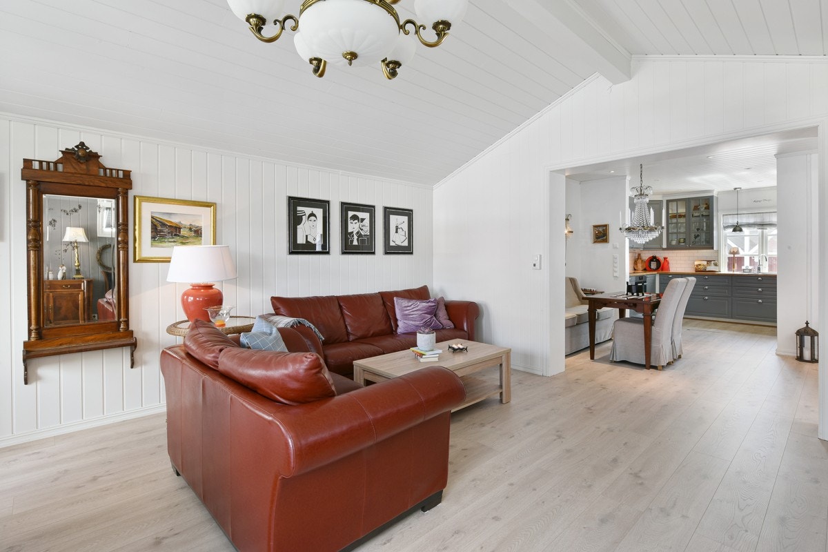 Stuen ble tilbygget i 2015 og har god plass til det man måtte ønske av møblement. Galleribilde