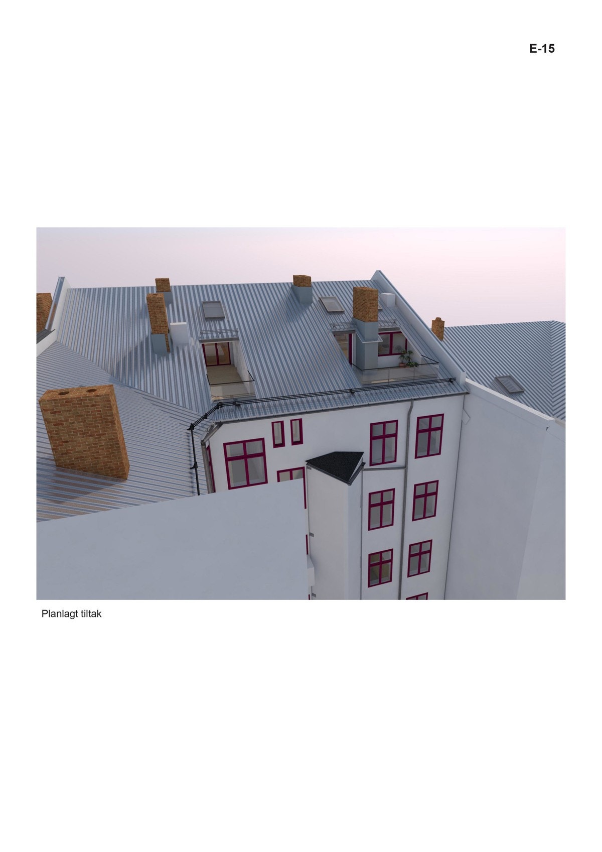 Illustrasjon på takterrasse som blir ca.13 kvm. Seksjonen er gitt dispensasjon til oppføring av takterrasse i henhold til loftsveileder. M/henvisning til riksantikvarens dokumentet i sin helhet. Galleribilde