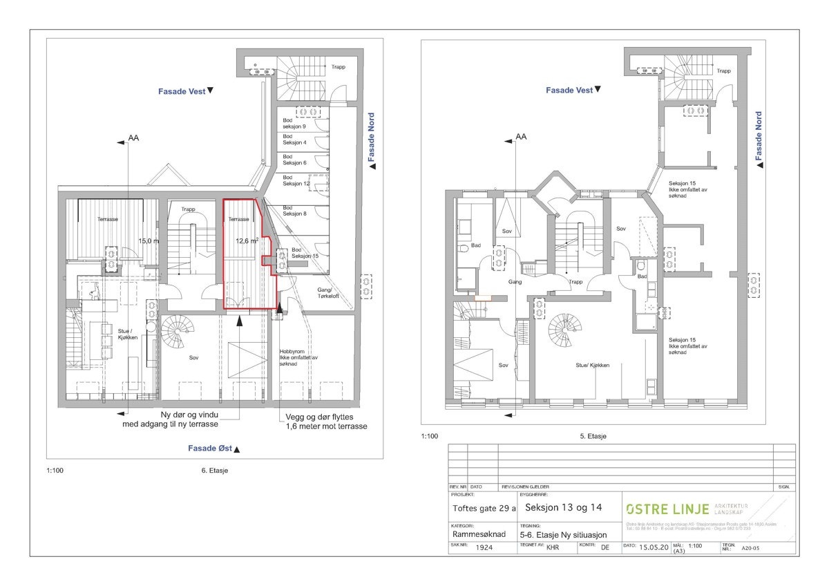 Mulighet for vest vendt takterrasse på ca 13 m2. Merket i rødt Galleribilde