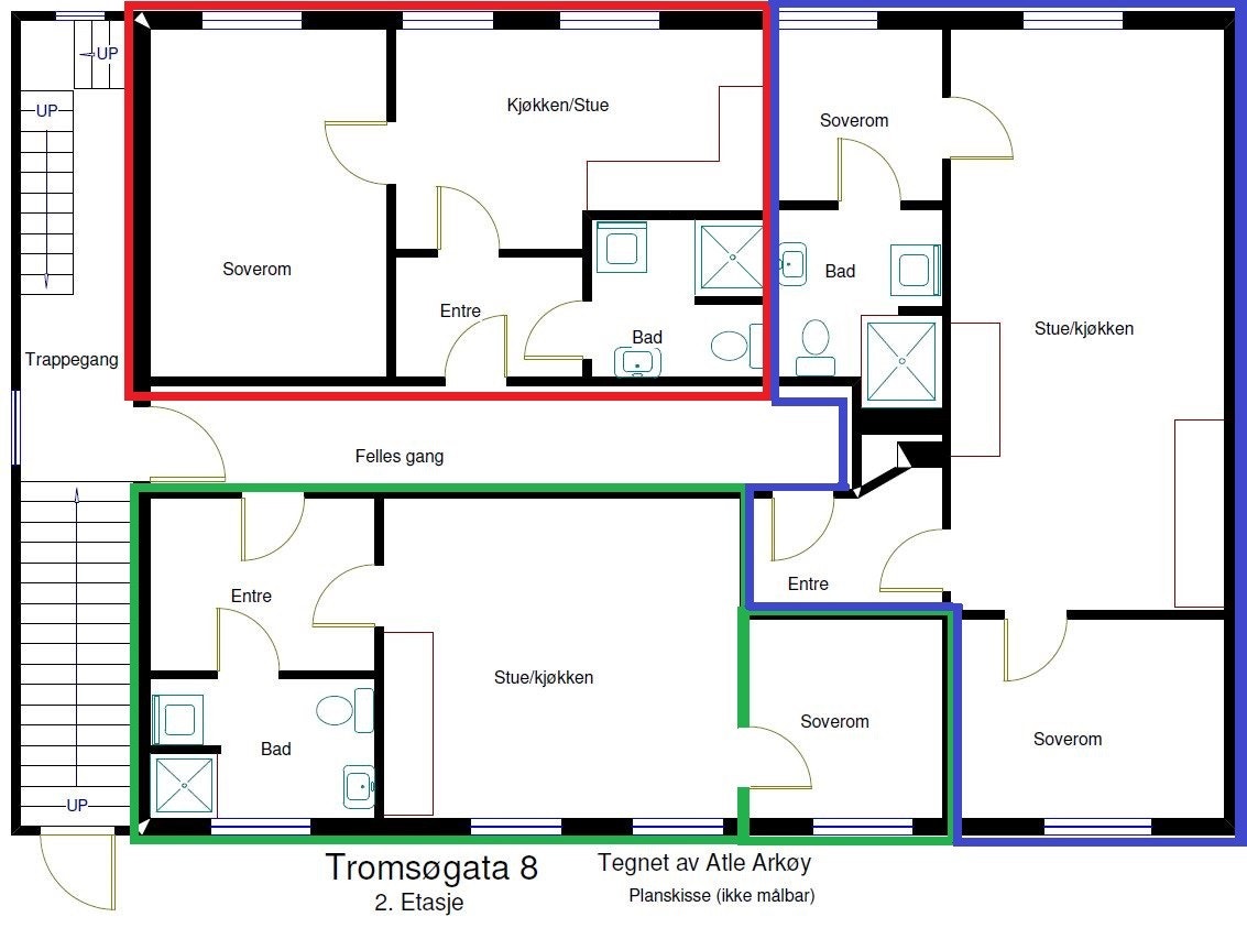 Huset består av fem leiligheter. Tre av leilighetene finner du i byggets 2.etg. De har en grei standard, og har inntil nyere tid vært utleid. Galleribilde
