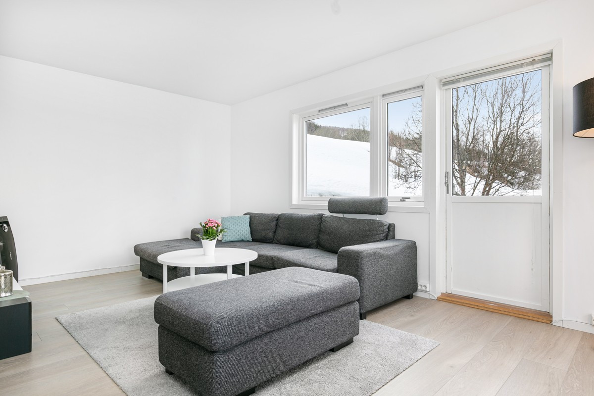 Lys og romslig stue med utgang til veranda