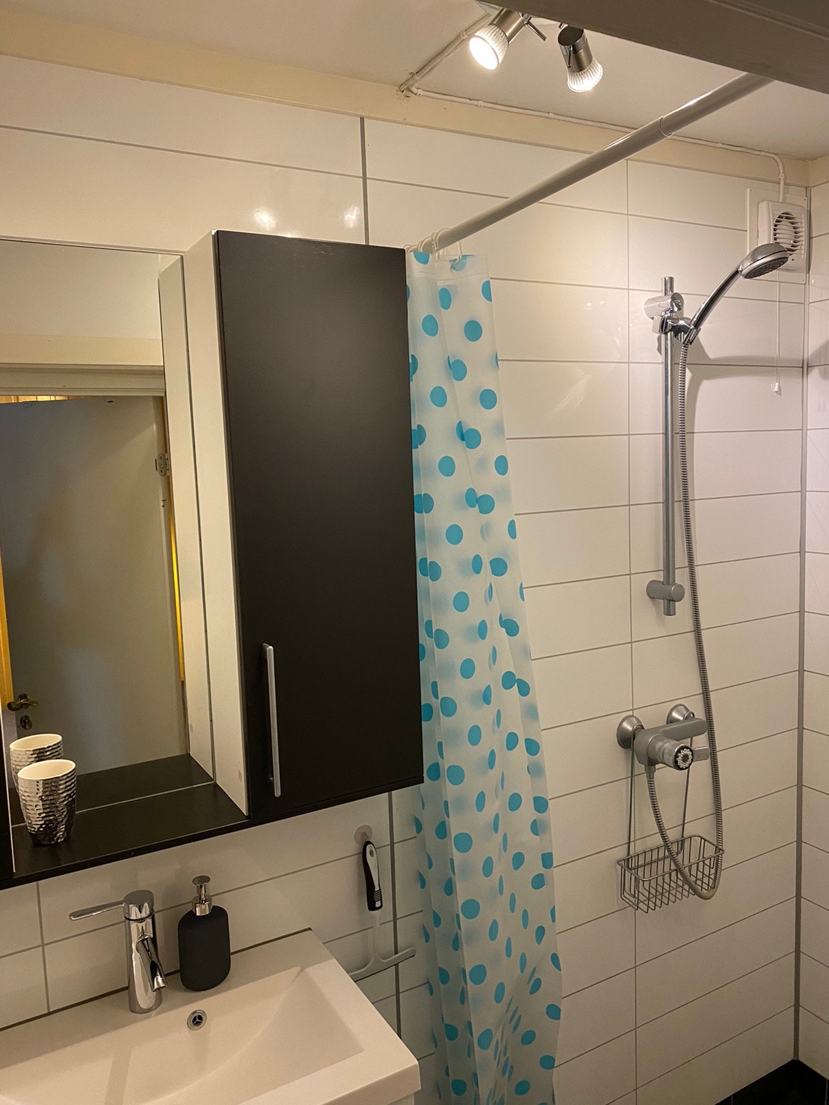 Separat bad/dusjrom med speil, vask, oppbevaringsplass Galleribilde