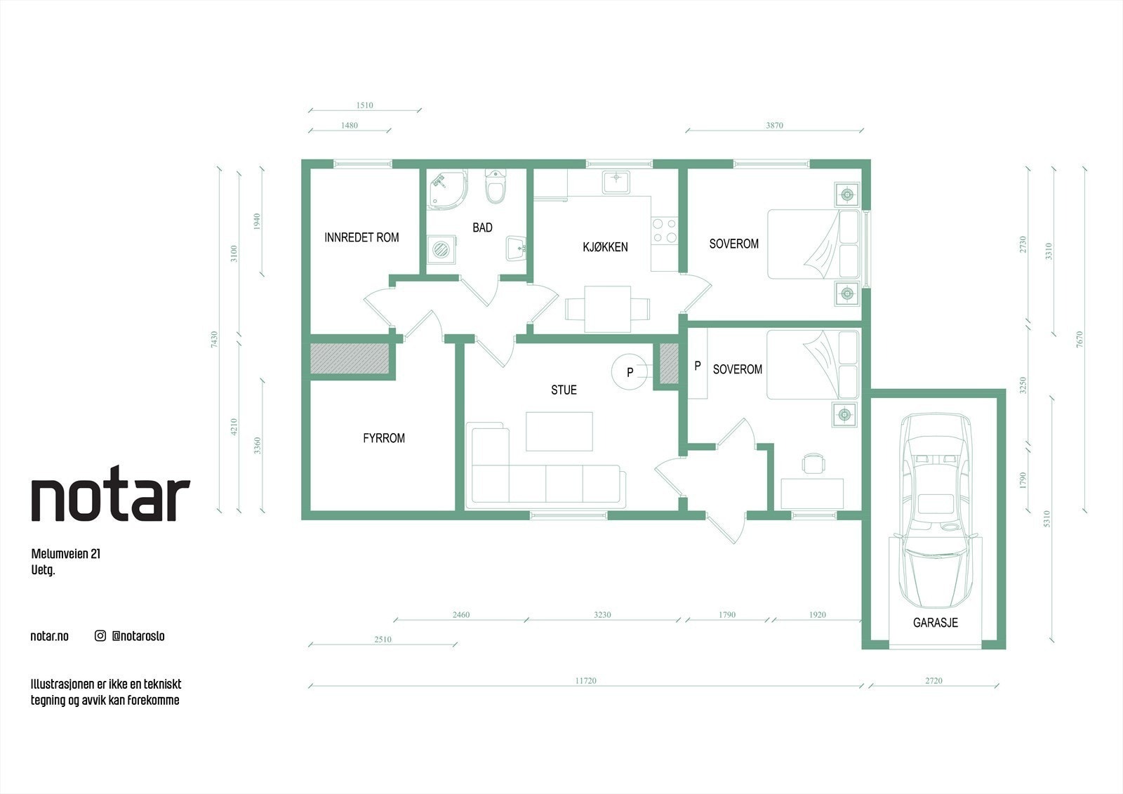 Praktisk planløsning (merk garasje og fyrrom tilhører ikke leiligheten) Galleribilde