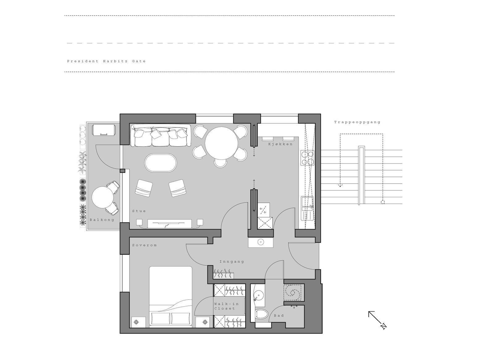 Plan, med møbleringsløsning som medfølger i leien. Galleribilde
