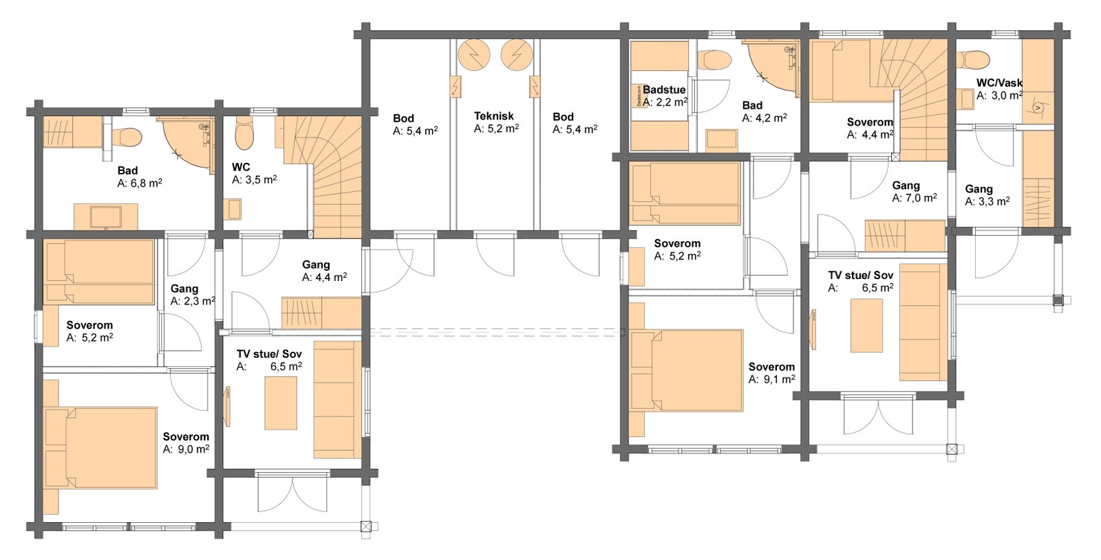 1. etg. Hyttene har 4 soverom hvor det fjerde soverommet kan kombineres som soverom/TV-stue, samt muligheter bad+badstue+ekstra wc, i tillegg til en god sportsbod. Hyttene tilbys i ulike 2 planløsninger: Galleribilde