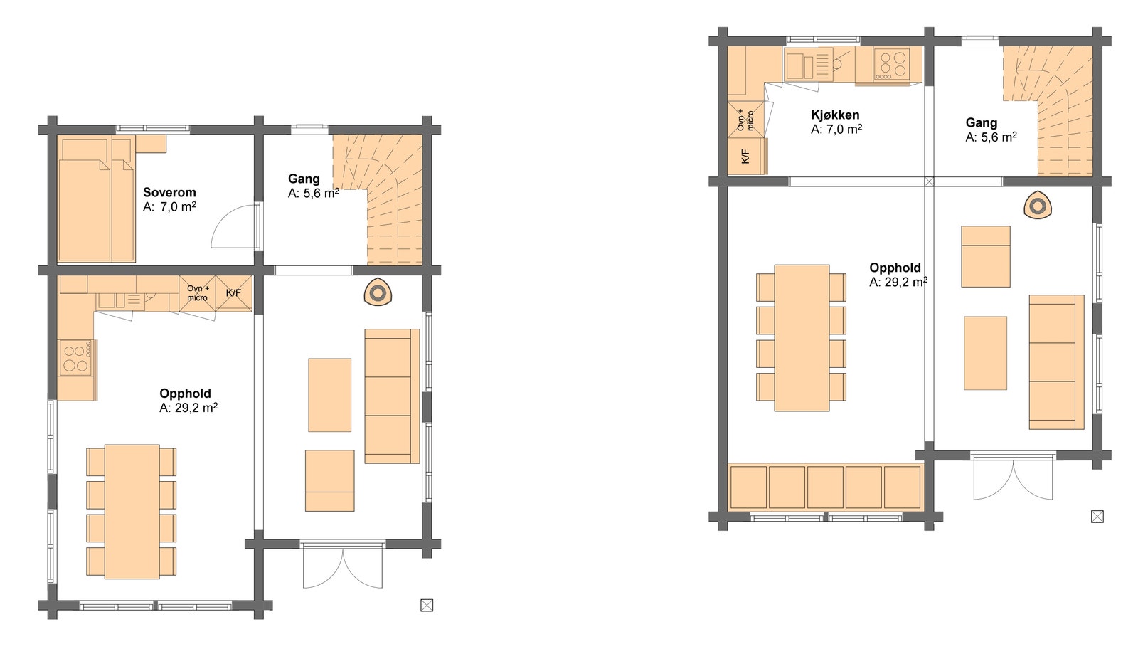 2. etg. Hyttene har en praktisk og effektiv planløsning godt tilpasset den aktive familien. Oppe i andre etasje ligger et romslig allrom med kjøkken, spisestue og stue som er løftet opp fra bakken med en luftig følelse og god utsikt. Galleribilde