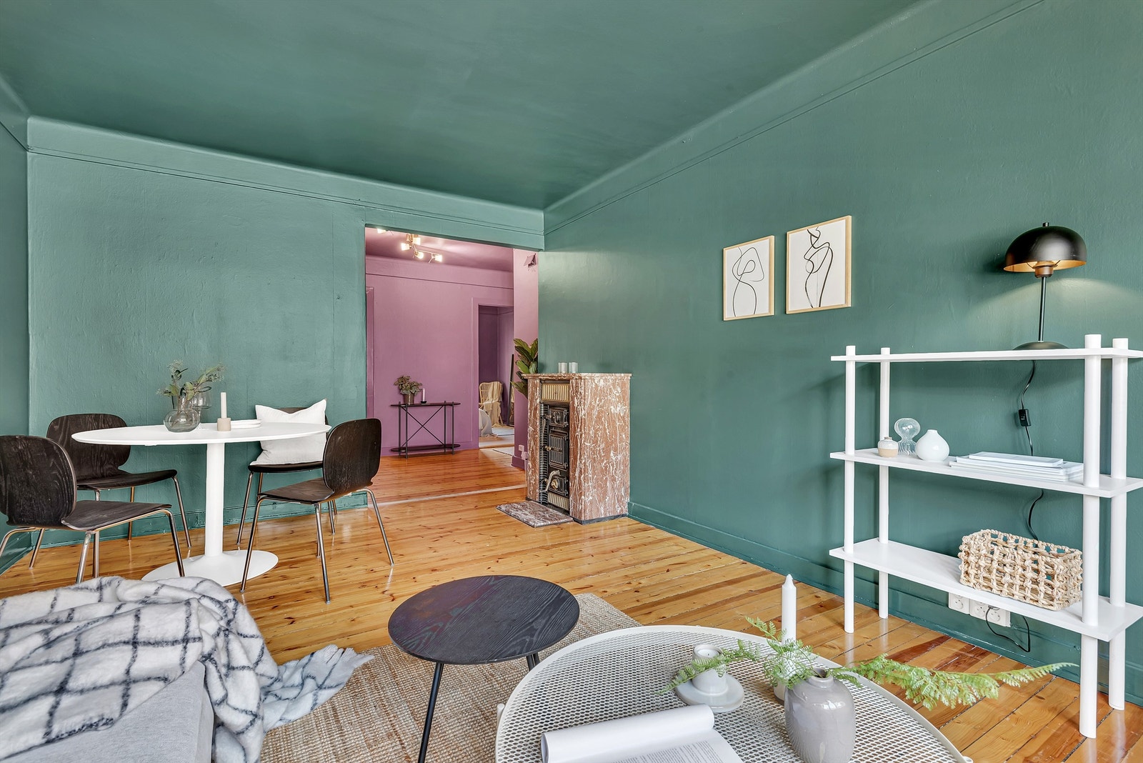 Det er god plass til å innrede slik du ønsker med sofaseksjon, spisestuebord og mediamøblemt. Peisen byr på ekstra hygge og varme. Galleribilde