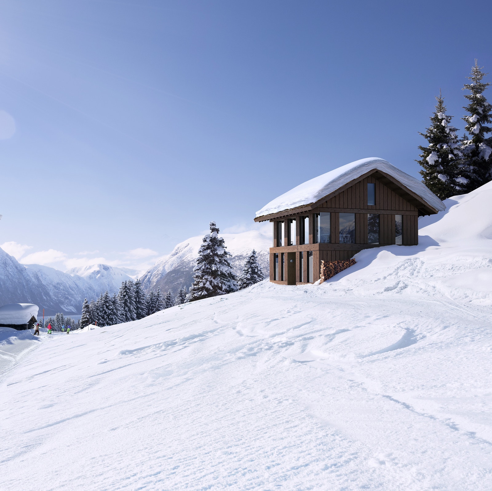 Bildet viser en variant av Vy 14UH fra Leve Hytter og er her vist i et annet terreng enn i Vangslia. For hytteplassering, se Situasjonsplan . Galleribilde