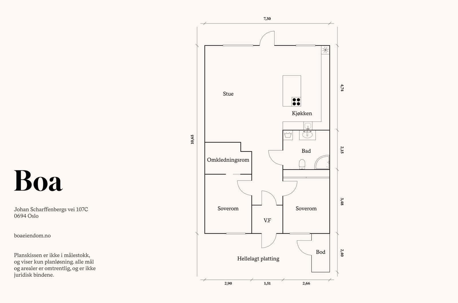 Vindfang, bad, 2 soverom, omkledningsrom, stue/kjøkken. Utebod ved inngangspartiet på ca 5 m². Galleribilde