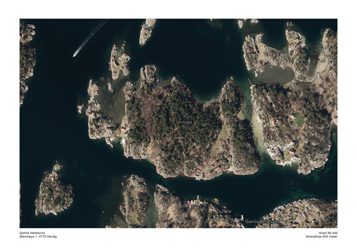 Flyfoto over Steinsøya med tomten markert inn med rødt Galleribilde