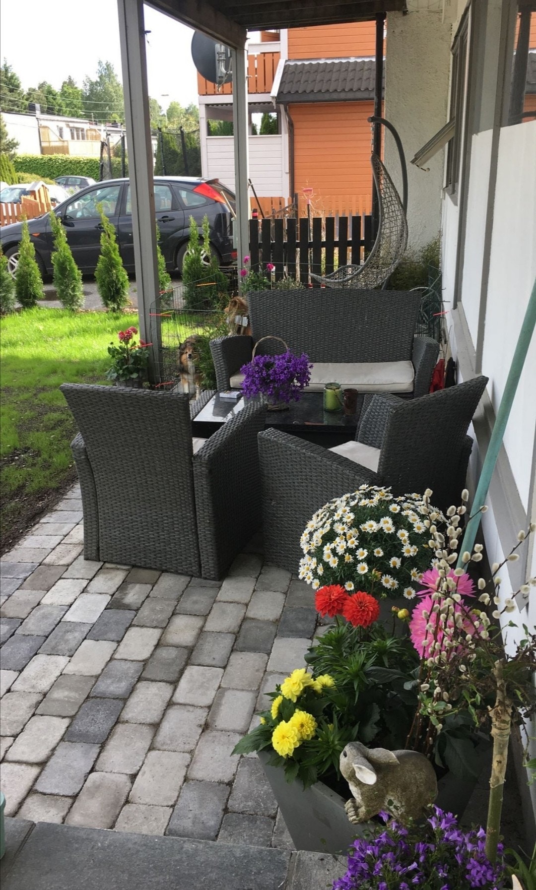 Uteområde med liten skjermet hage. Hekken har vokst en del og begrenser nå innsynet. Galleribilde