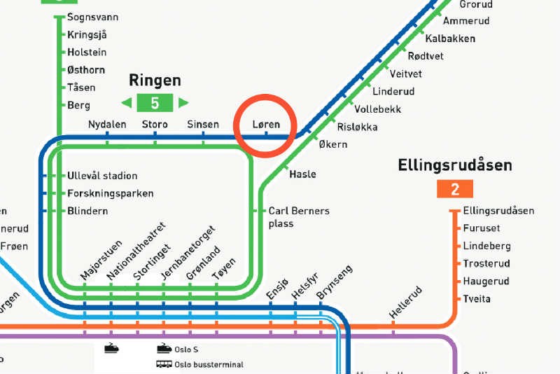 270 m til Løren T-banestasjon som ligger mellom stasjonene på Sinsen og Økern. Galleribilde