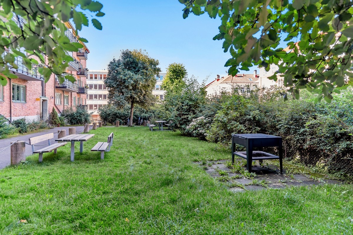 Det er også opparbeidet en koselig gressplen med benker ved byggets inngangsparti. Galleribilde