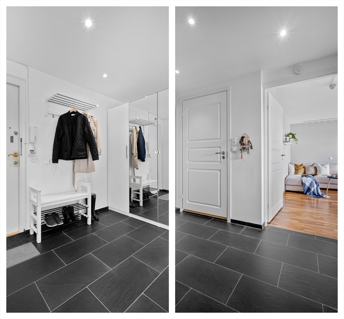 Stor entrè/gang med romslig skyvedørsgarderobe. Inngang til bad/vaskerom, som nylig er pusset opp. Galleribilde