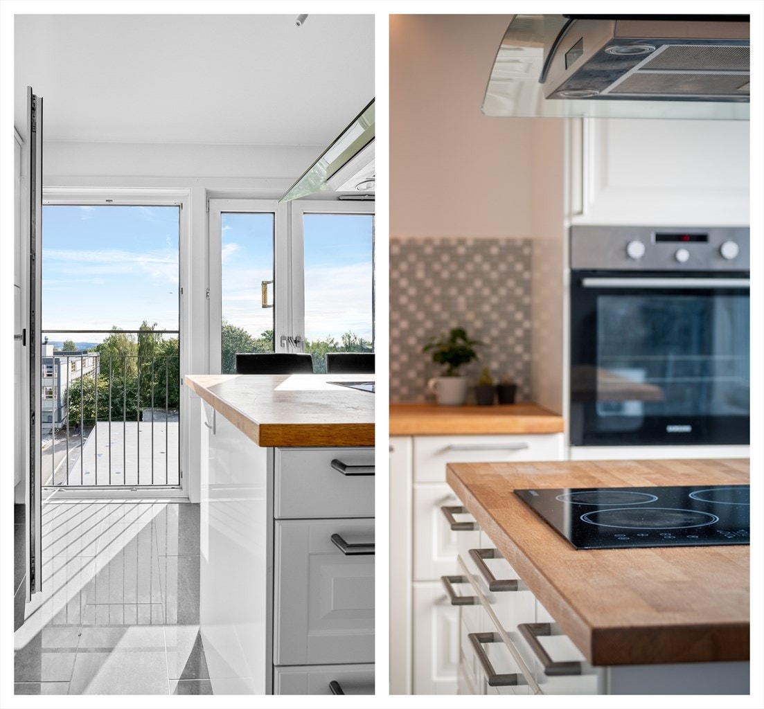 Innholdsrikt kjøkken med fint utsyn og store vindusflater. Galleribilde