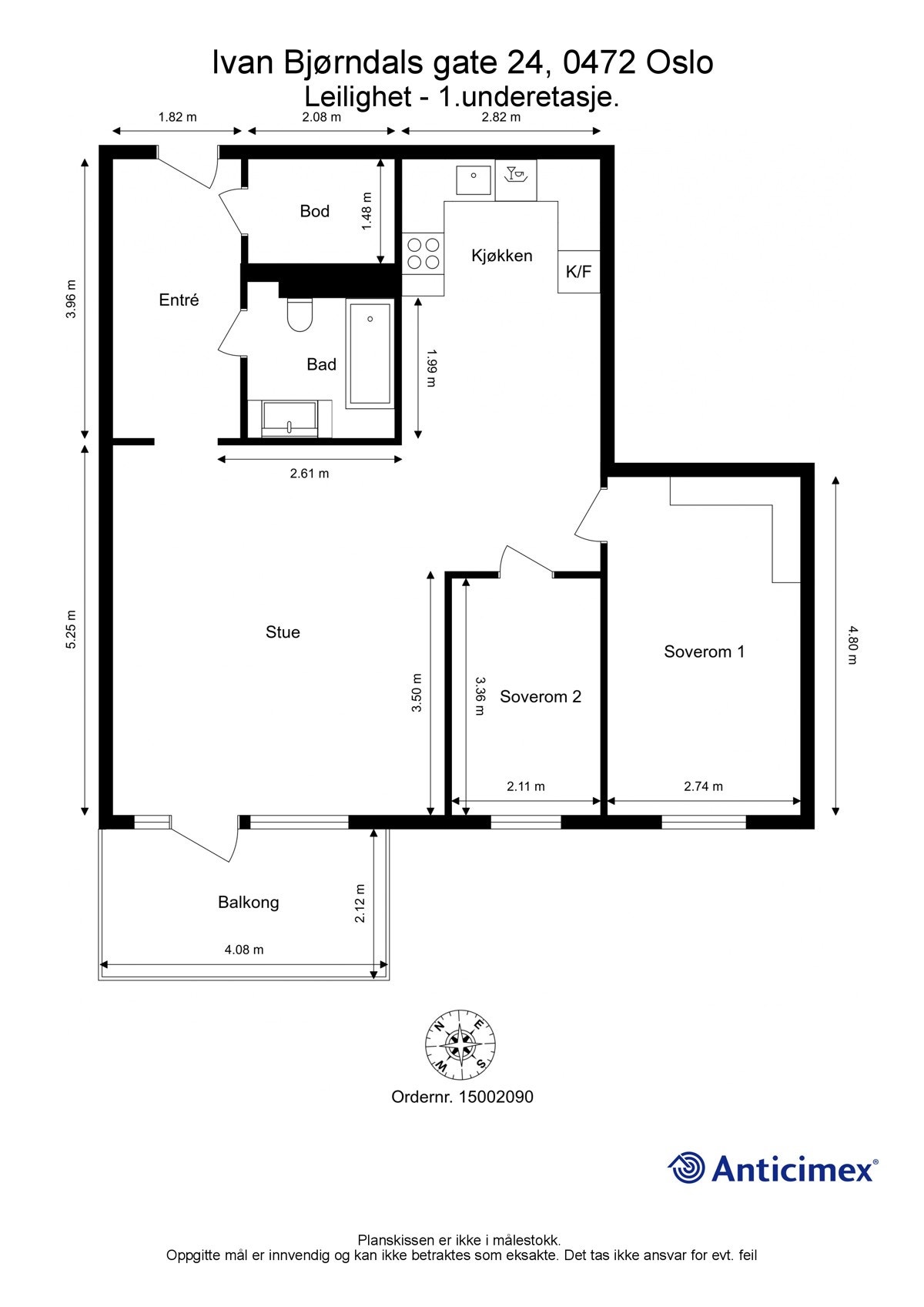 Plantegning. I tillegg disponerer leiligheten en bod i 2. underetasje på ca. 5m². Galleribilde