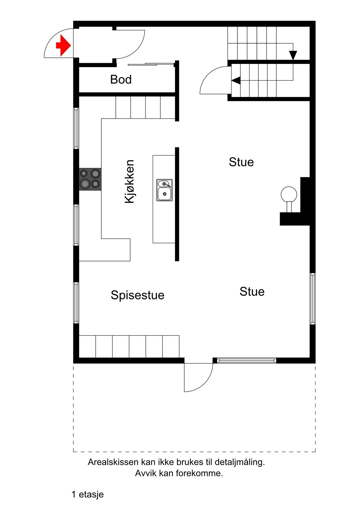 Første etasje - arealskisse. NB! Det som er avtegnet som Bod er en Garderobe. Galleribilde