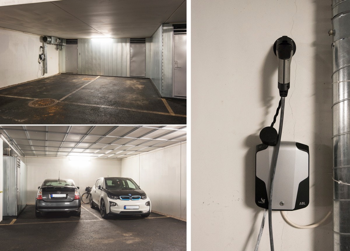 Med leiligheten følger to biloppstillingsplasser i et felles garasjeanlegg. Den ene p-plassen har også elbillader Galleribilde