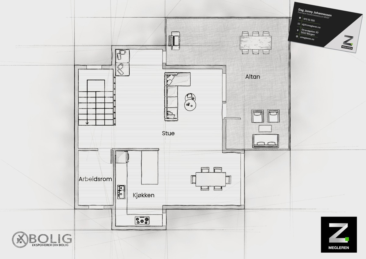 2. etasje har et bruksareal på 63 m² og terrasse på 30 m². Takhøyde på 2.95 meter. Galleribilde