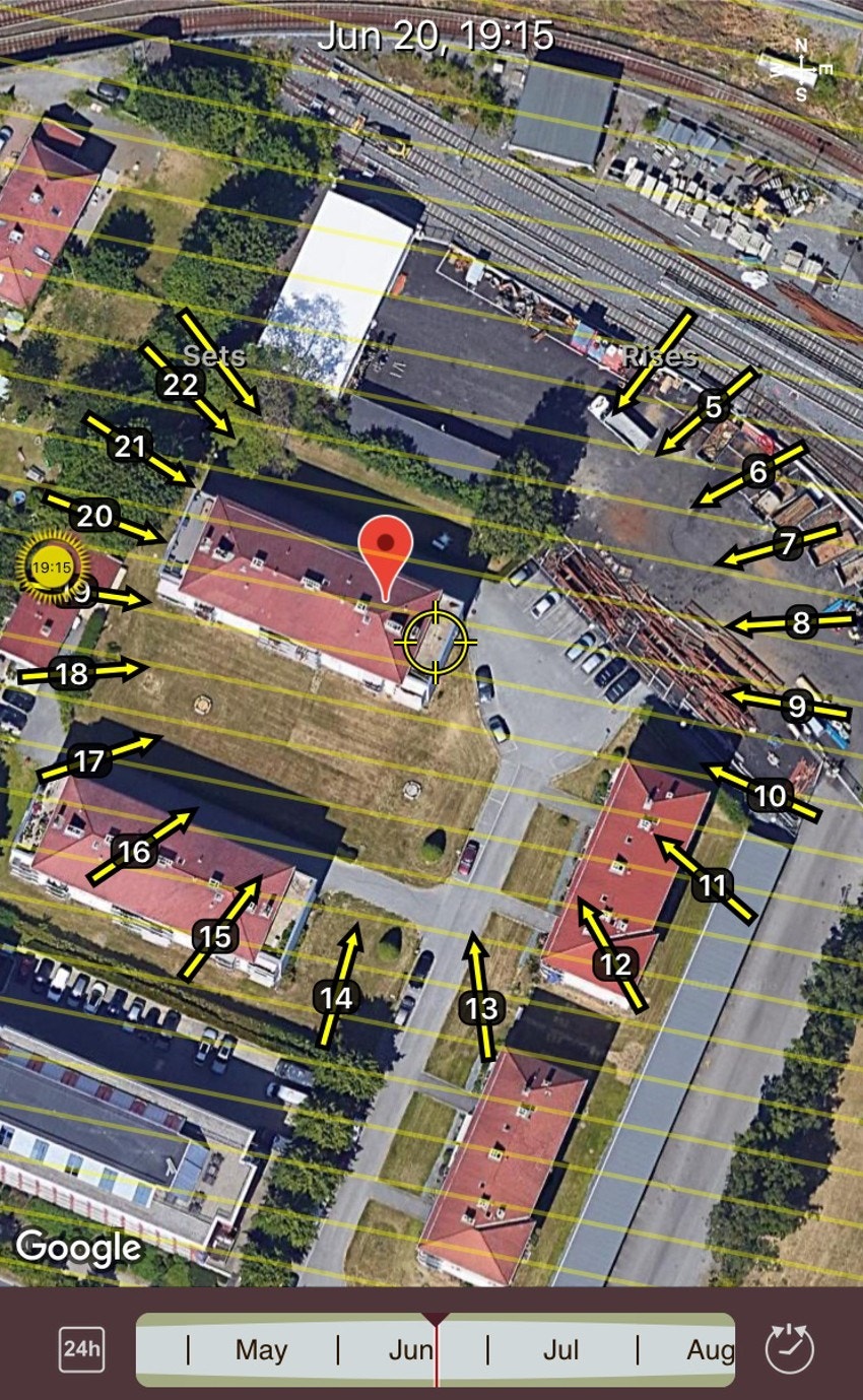 Solkart. Viser solforhodene i og rundt boligen midtsommers. Galleribilde
