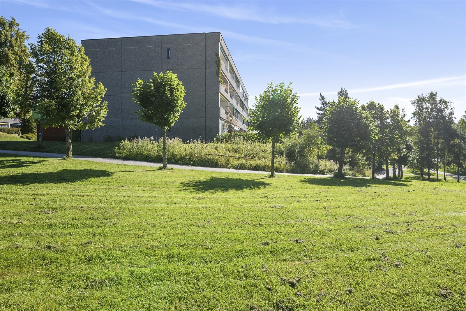 Bebyggelsen er omkranset av store grøntområder og plener Galleribilde